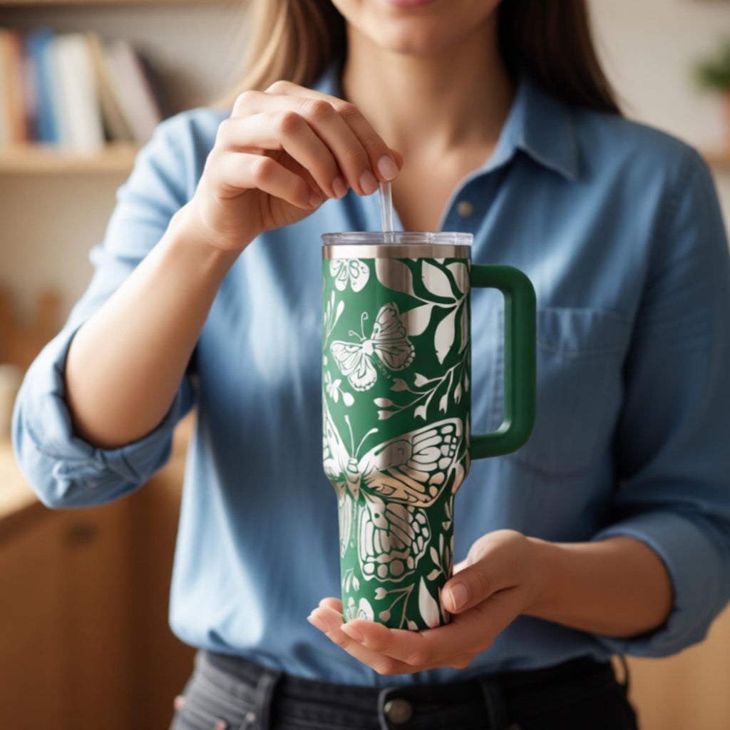 Butterfly Gift Women Laser Engraved Tumbler 40oz Insulated Travel Mug Nature Themed Drinkware Stainless Steel Construction Large Capacity Beverage Holder Perfect Outdoor Activities Daily Hydration Essential Elegant Floral Pattern Design