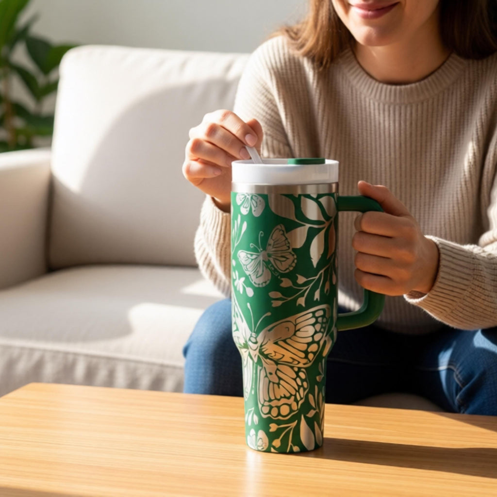 Large Capacity Tumbler 40oz Insulated Butterfly Design Travel Mug Outdoor Adventure Essential Stainless Steel Drinkware Laser Engraved Nature Pattern Double Wall Insulation Portable Beverage Container Leak Resistant Lid Perfect Daily