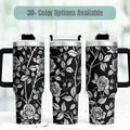 Rose Pattern Tumbler 40oz Insulated Cup With Handle Straw Black White Floral Design Perfect Gift For Her Birthday Mothers Day Present Stainless Steel Double Wall Insulation Keeps Drinks Cold Hot Travel Mug Botanical Artwork Laser Engraved