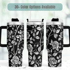 Rose Pattern Tumbler 40oz Insulated Cup With Handle Straw Black White Floral Design Perfect Gift For Her Birthday Mothers Day Present Stainless Steel Double Wall Insulation Keeps Drinks Cold Hot Travel Mug Botanical Artwork Laser Engraved