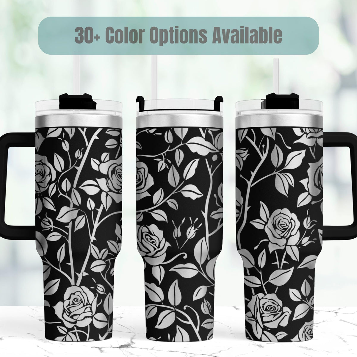 Rose Pattern Tumbler 40oz Insulated Cup With Handle Straw Black White Floral Design Perfect Gift For Her Birthday Mothers Day Present Stainless Steel Double Wall Insulation Keeps Drinks Cold Hot Travel Mug Botanical Artwork Laser Engraved