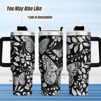 Rose Tumbler – 40oz Insulated Black White Floral with Handle Straw