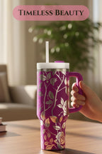 Rose Tumbler – 40oz Insulated Black White Floral with Handle Straw