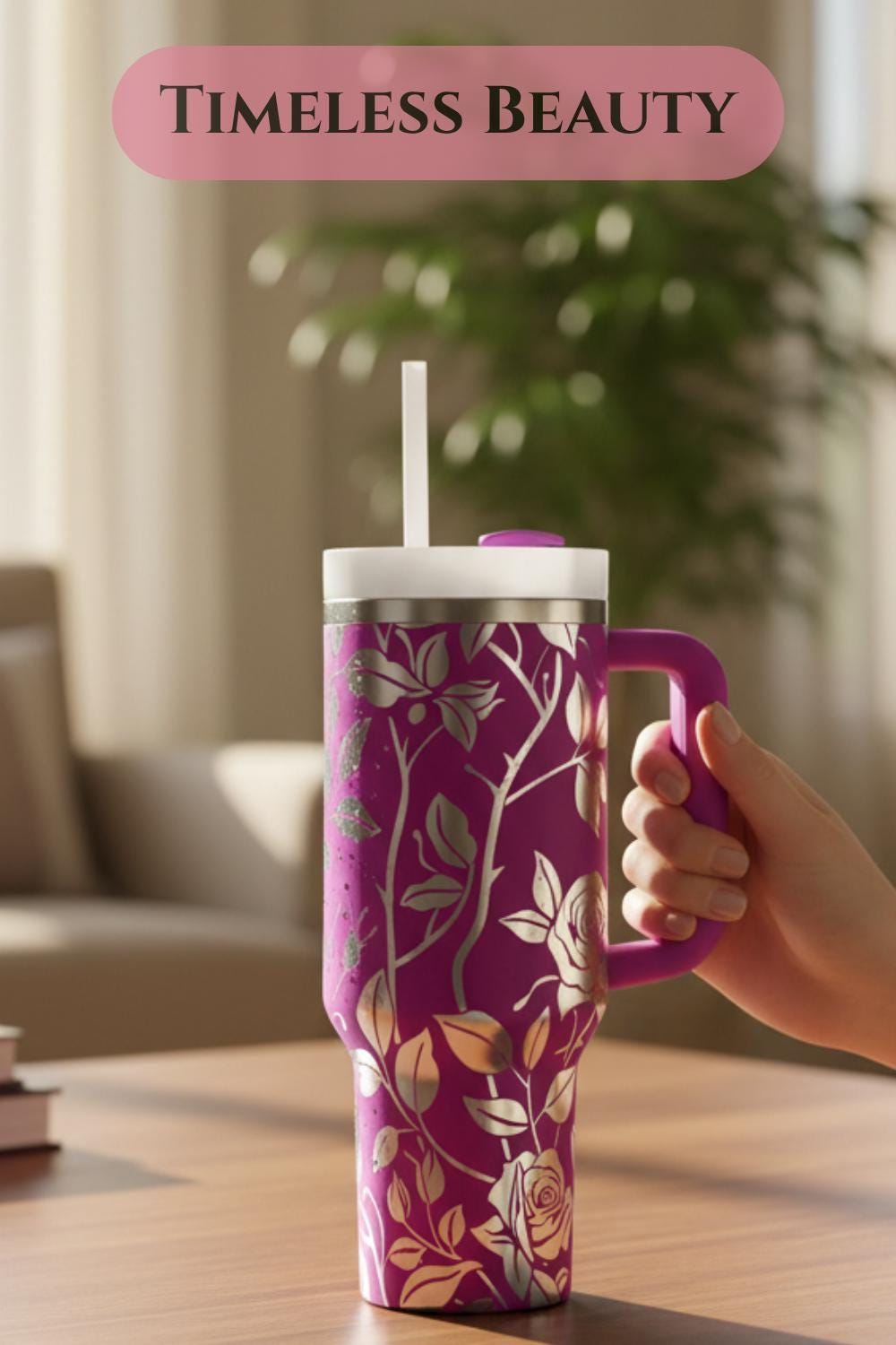 Rose Tumbler – 40oz Insulated Black White Floral with Handle Straw