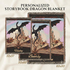 Personalized Dragon Blanket Custom Name Throw Woven Cotton Tapestry Fantasy Storybook Design Fairy Tale Castle Imagery Nursery Bedding Baby Gift Dragon Silhouette Flying Open Book Rose Details Pastel Sky Backdrop Three Size Options