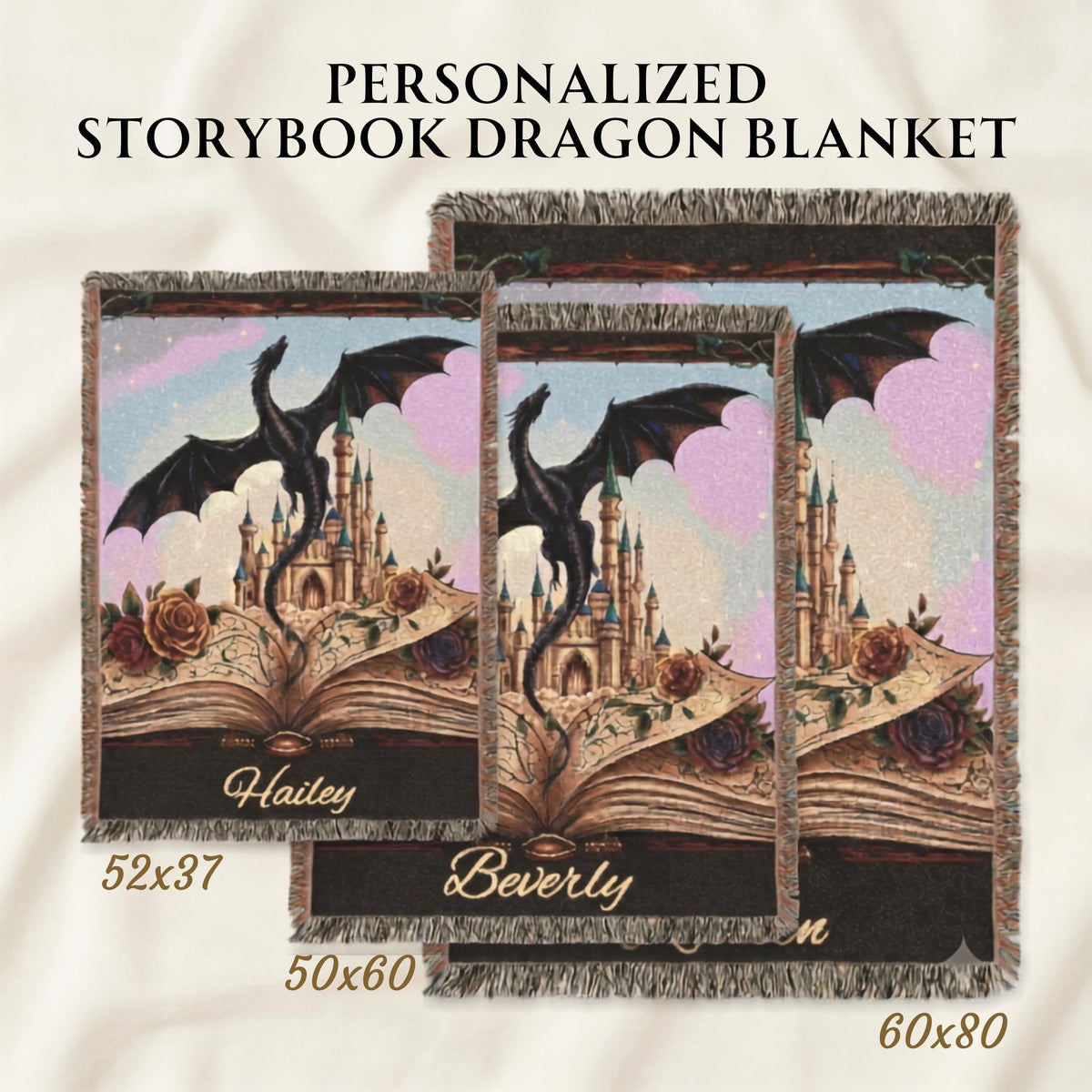 Personalized Dragon Blanket Custom Name Throw Woven Cotton Tapestry Fantasy Storybook Design Fairy Tale Castle Imagery Nursery Bedding Baby Gift Dragon Silhouette Flying Open Book Rose Details Pastel Sky Backdrop Three Size Options