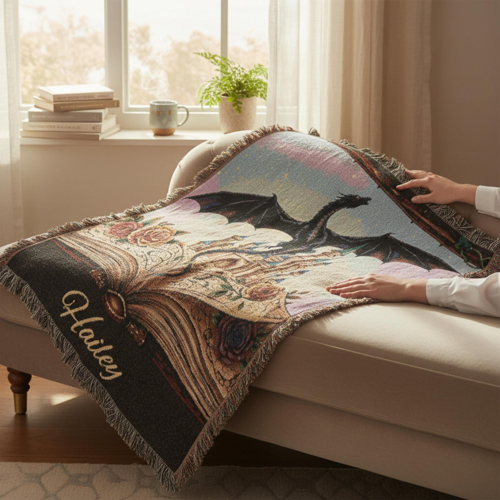 Fairy Tale Dragon Blanket Custom Name Personalized Throw Woven Tapestry Storybook Castle Design Fantasy Nursery Decor Dragon Silhouette Open Book Imagery Rose Accents Pastel Sky Custom Baby Bedding Personalized Gift Whimsical Bedroom Accent