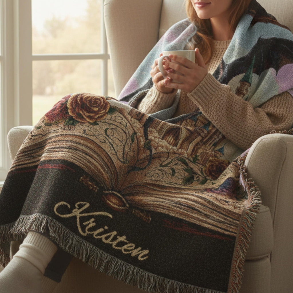 Woven Dragon Tapestry Blanket Personalized Name Custom Throw Fantasy Storybook Design Castle Imagery Fairy Tale Nursery Bedding Dragon Flying Open Book Rose Details Custom Baby Gift Bedroom Wall Hanging Cozy Reading Accent Three Size