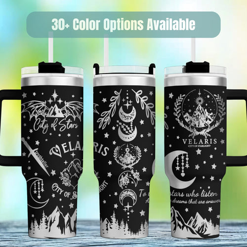 ACOTAR Tumbler Night Court Velaris Fantasy Drinkware Insulated Stainless Steel Cup Large Capacity Thermal Mug Book Lover Gift Sarah J Maas Fan Merchandise Laser Engraved Celestial Design Starlight Imagery Perfect Reading Companion Bookish