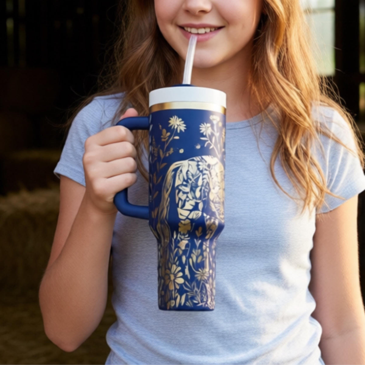 Insulated Tumbler 40oz Capacity Stainless Steel Travel Mug Horse Meadow Engraved Design Wildflower Botanical Artwork Double Wall Vacuum Technology Keeps Beverages Hot 8 Hours Cold 12 Hours Spill Proof Secure Lid Daily Use Essential