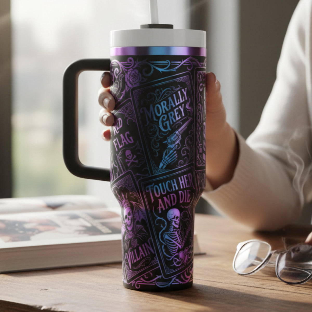 Insulated Tumbler Large Capacity Book Lover Gift Dark Romance Novel Reader Essential Gothic Literary Design Skull Rose Imagery Stainless Steel Construction Double Wall Insulation Black Handle Convenient Carrying Sliding Lid Straw Included
