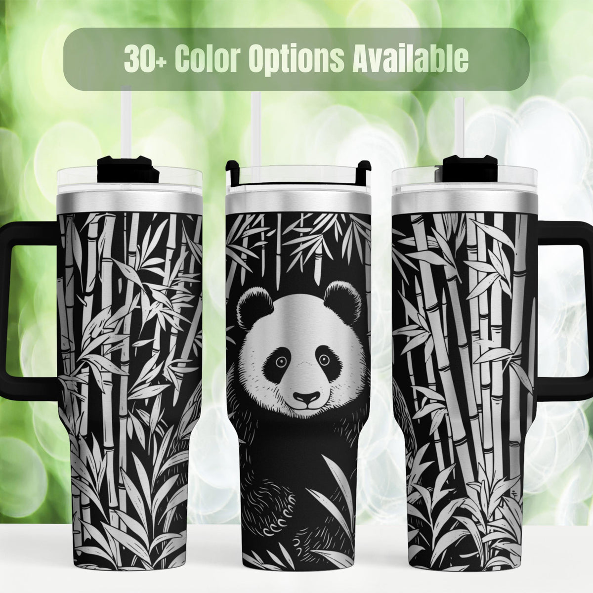Panda Tumbler Insulated Stainless Steel Travel Mug Laser Engraved Design Bamboo Pattern Wildlife Drinkware 40oz Capacity Large Water Bottle Hot Cold Beverage Container Animal Lover Gift Panda Bear Cup Nature Themed Tumbler Asian Inspired