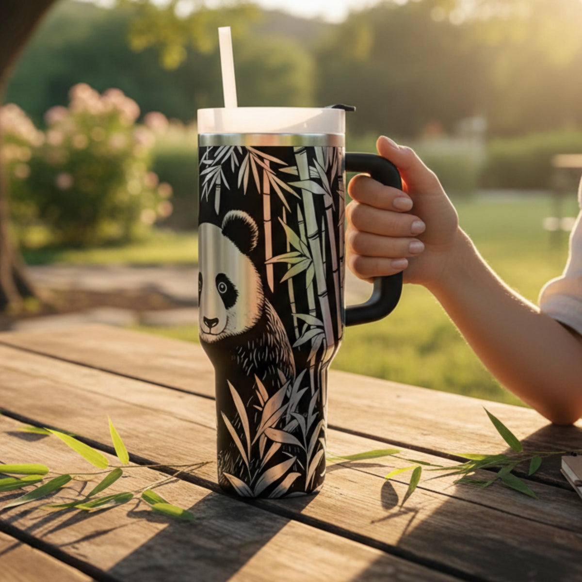 Stainless Steel Panda Tumbler 40oz Insulated Water Bottle Laser Engraved Wildlife Design Bamboo Pattern Drinkware Large Capacity Travel Mug Hot Cold Drink Container Animal Theme Gift Panda Bear Lover Present Nature Inspired Tumbler Portable