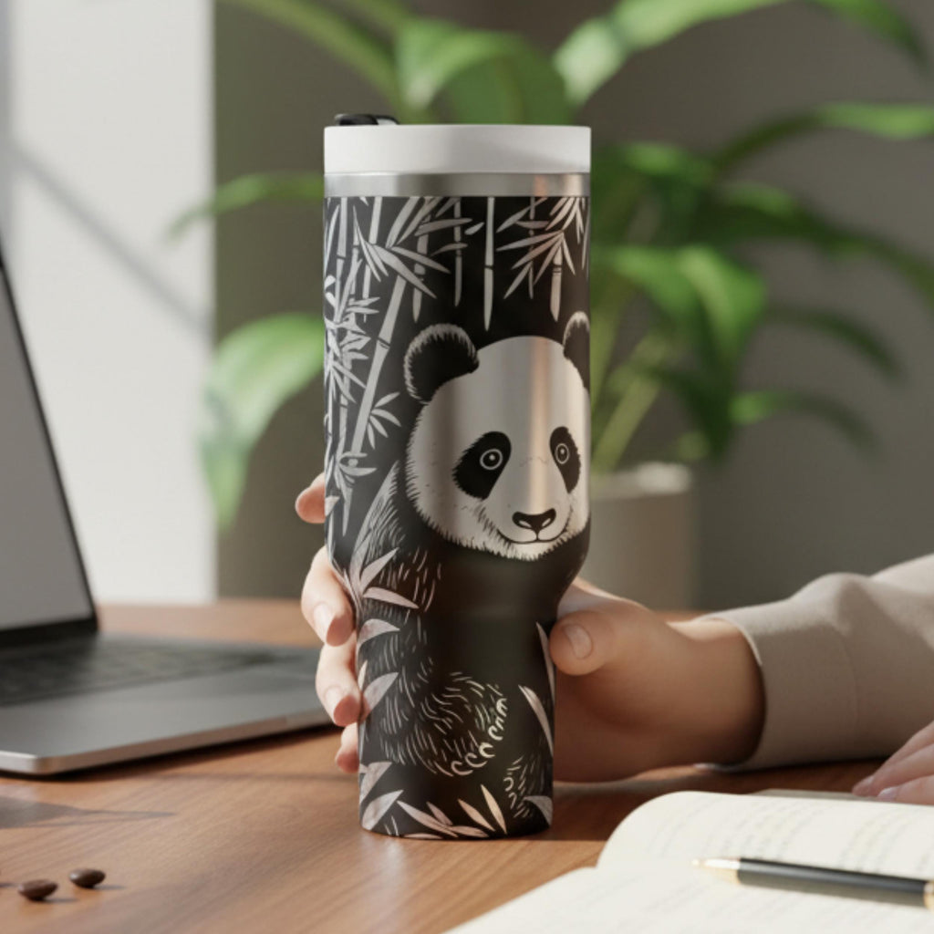 Large Capacity Panda Tumbler Insulated Stainless Steel Cup 40oz Travel Mug Laser Engraved Wildlife Design Bamboo Pattern Nature Theme Drinkware Hot Cold Beverage Holder Animal Lover Gift Panda Bear Present Portable Hydration Container Daily
