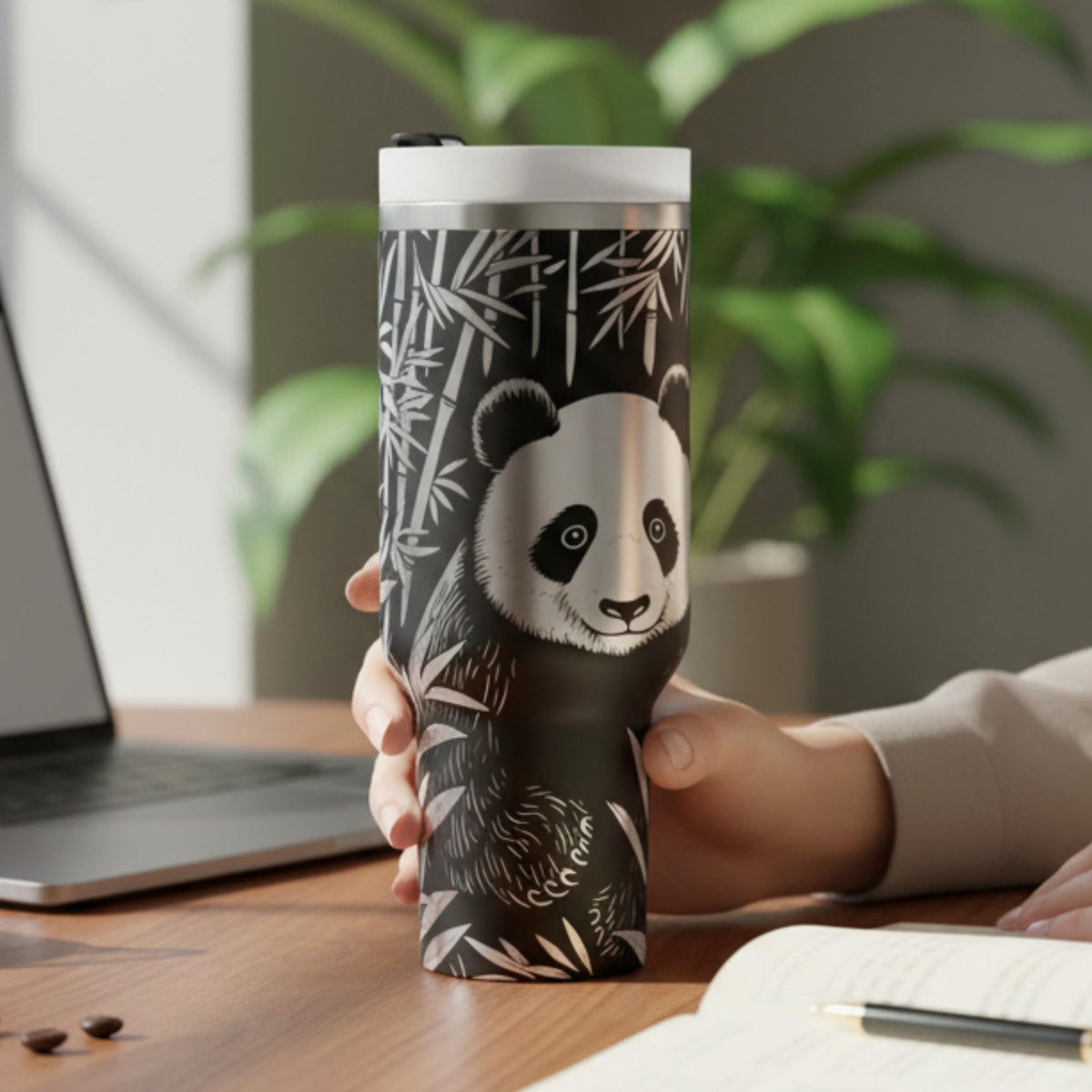Large Capacity Panda Tumbler Insulated Stainless Steel Cup 40oz Travel Mug Laser Engraved Wildlife Design Bamboo Pattern Nature Theme Drinkware Hot Cold Beverage Holder Animal Lover Gift Panda Bear Present Portable Hydration Container Daily