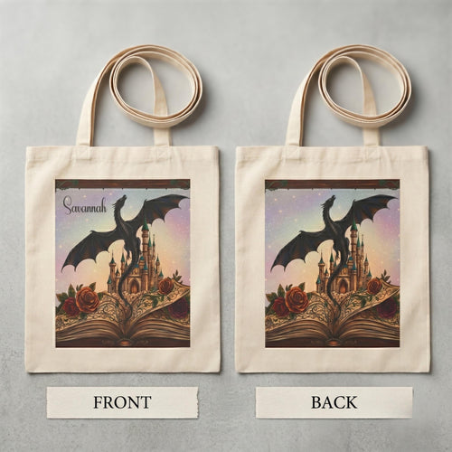 Canvas Tote Bag Reusable Shopping Bag Book Lover Design Dragon Fantasy Theme Literary Gift Durable Cotton Canvas Construction Reinforced Handles Market Bag Grocery Carrier Library Book Bag Reading Essential Bookish Accessory Whimsical