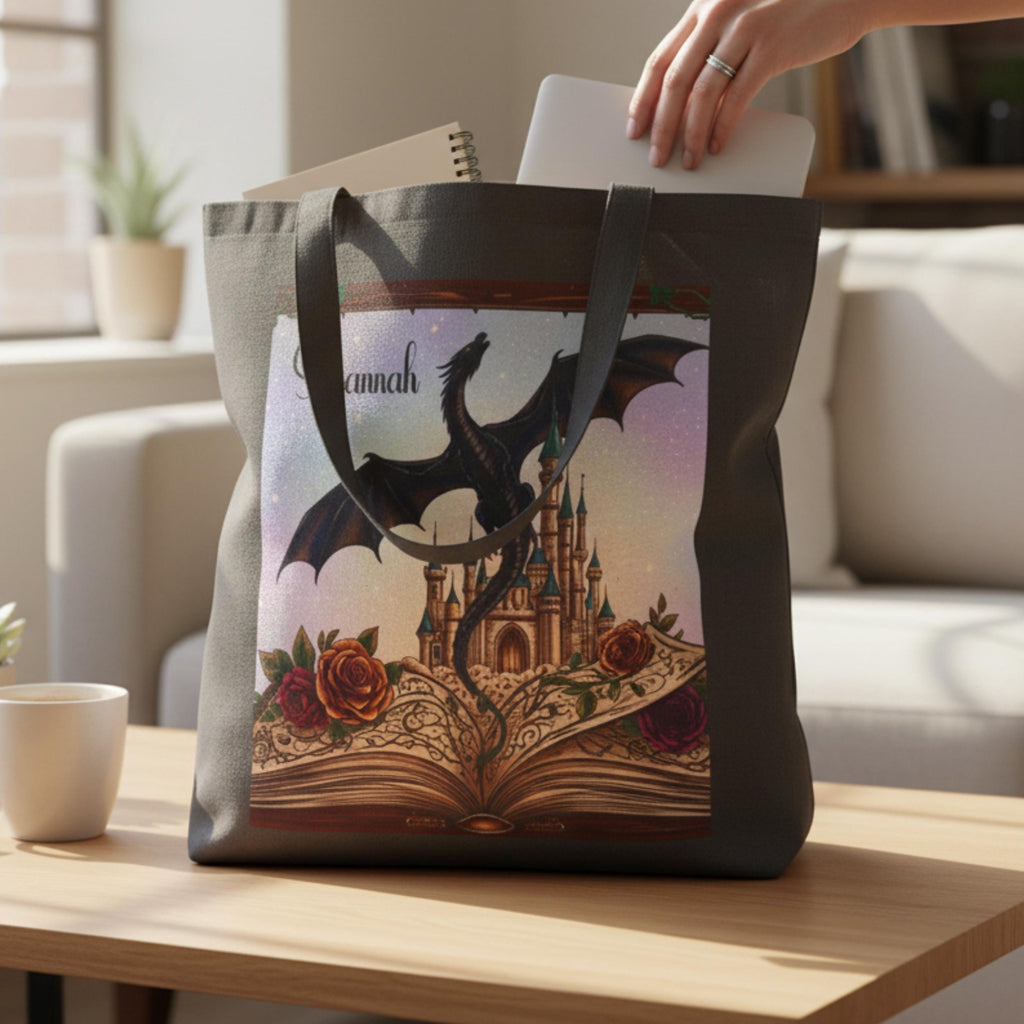 Dragon Fantasy Tote Bag Canvas Book Lover Gift Literary Design Whimsical Reading Bag Reusable Shopping Carrier Cotton Canvas Construction Durable Market Bag Library Essential Book Carrying Tote Reinforced Handles Bookish Accessory Fantasy