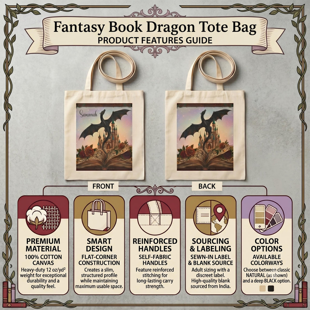 Book Lover Tote Bag – Canvas Dragon Fantasy Library Design