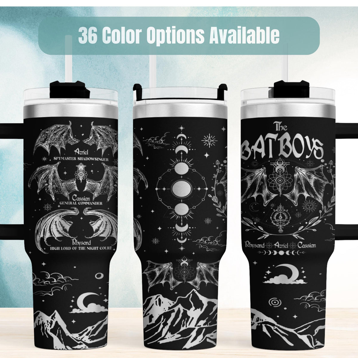 Fantasy Book Tumbler 40oz Insulated Stainless Steel Travel Mug Character Themed Drinkware Laser Engraved Design Perfect Gift Book Lover Fan Merchandise Celestial Artwork Gothic Pattern Keeps Drinks Cold Hot Daily Use Essential Reader