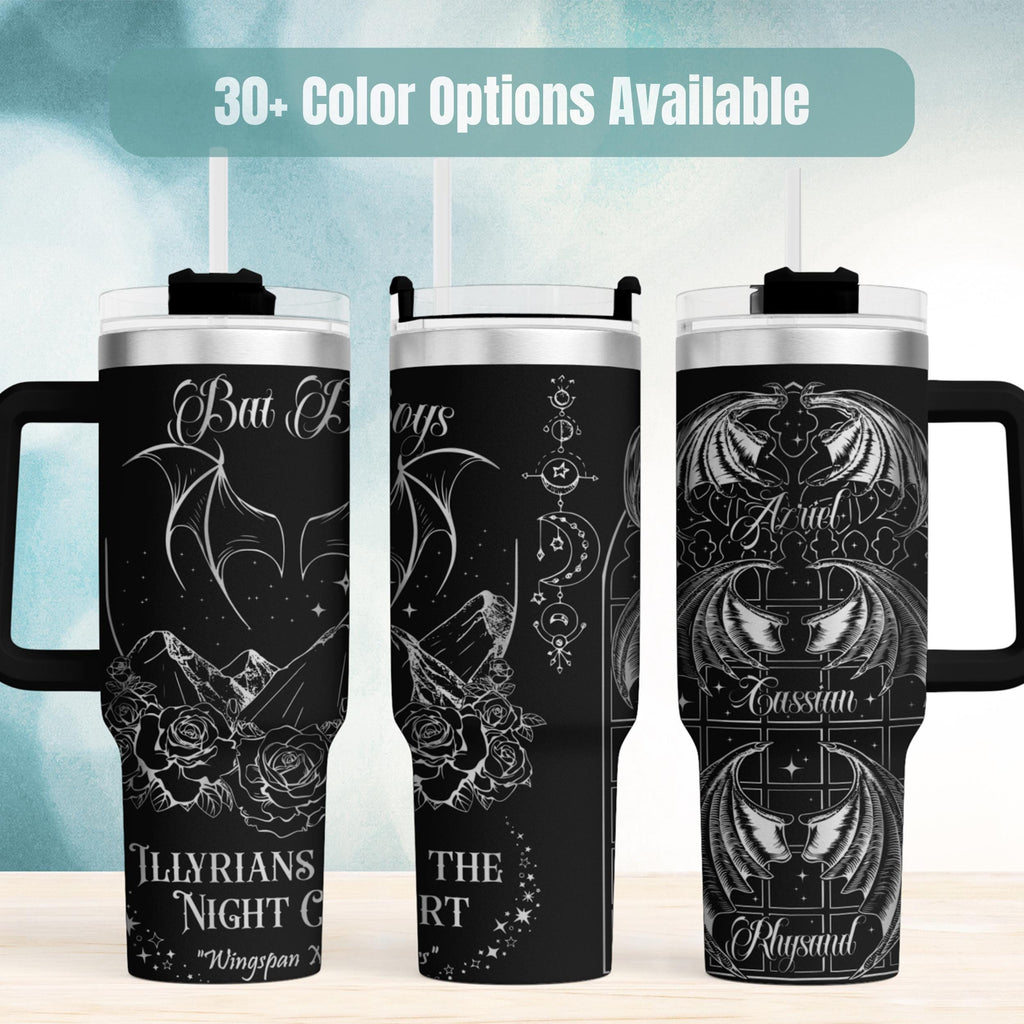Acotar Tumbler Forty Ounce Insulated Travel Cup Fantasy Book Lover Gift Stainless Steel Drinkware Mountain Design Rose Artwork Night Court Inspired Bookish Merchandise Rhysand Feyre Fan Collection Hot Cold Beverage Container SJM Universe