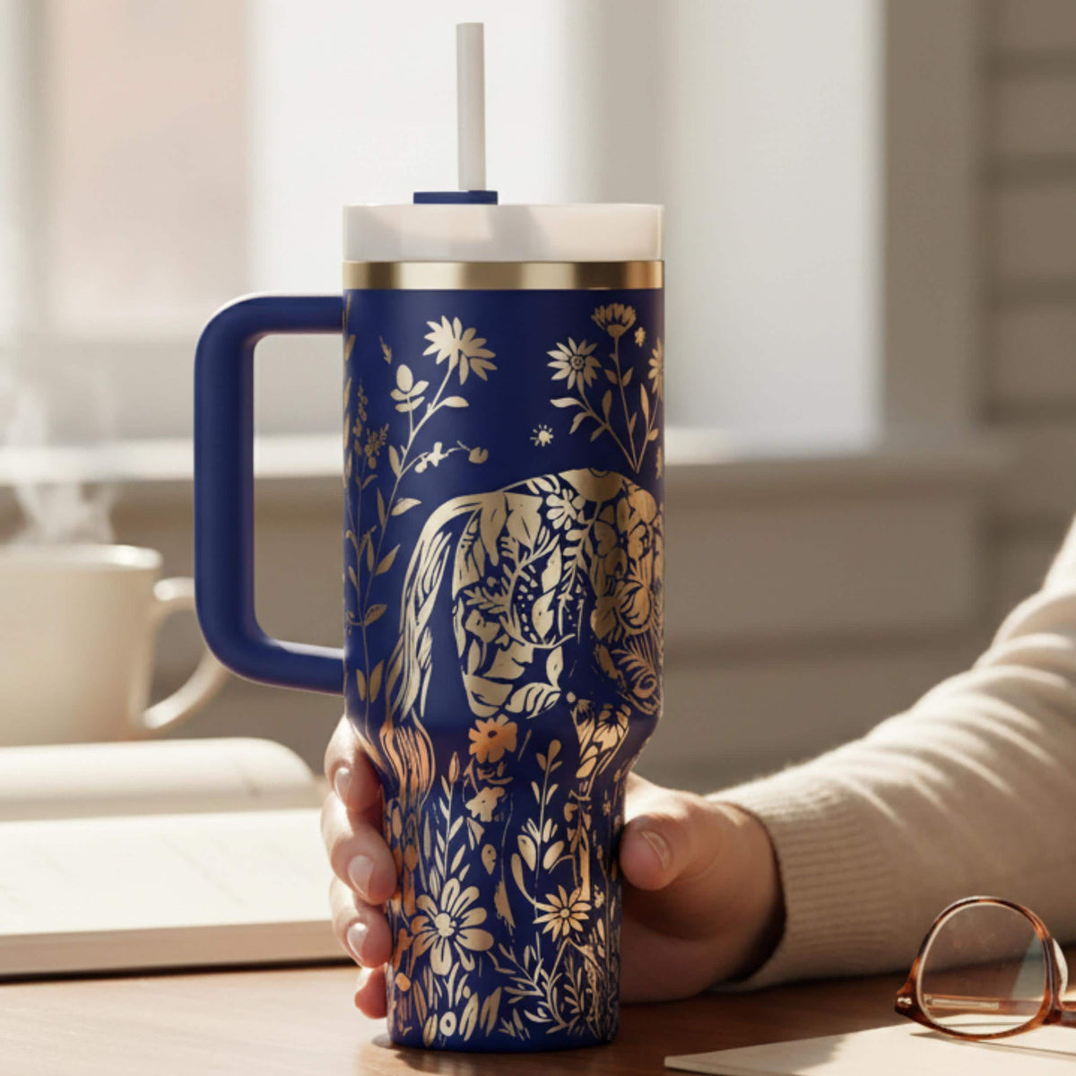 Laser Engraved Horse Design Tumbler 40oz Premium Stainless Steel Insulated Drinkware Equestrian Gift Horse Lover Present Double Wall Construction Temperature Control Sliding Lid Handle Carry Cup Perfect Barn Essential Trail Riding Companion
