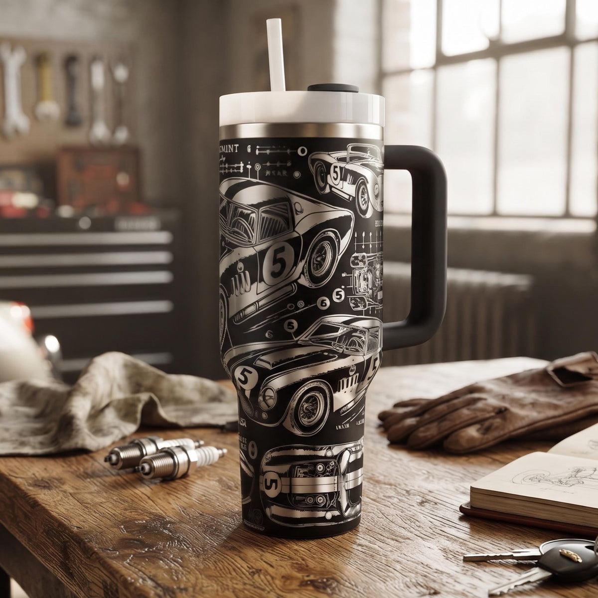 Vintage Blueprint Design Race Car Tumbler Engine Schematic Graphics Technical Drawing Pattern Premium Stainless Steel Construction 40oz Insulated Bottle Double Wall Technology Racing Enthusiast Gift Automotive Fan Drinkware Keeps Drinks