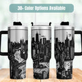 New York City Skyline Tumbler Manhattan Landmarks Design Stainless Steel Insulated Travel Mug 40 Ounce Capacity Office Desk Accessory Commuter Bottle Daily Hydration Essential Spill Resistant Lid Cup Holder Friendly Gift For NYC Enthusiast