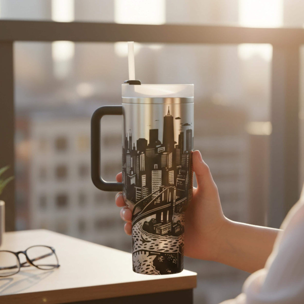 40 Ounce Insulated Tumbler Stainless Steel Travel Mug NYC Skyline Design Manhattan Silhouette Wrap Around Art Double Wall Construction Keeps Drinks Cold Office Desk Essential Commuter Bottle Daily Use Cup Holder Friendly Handle Spill