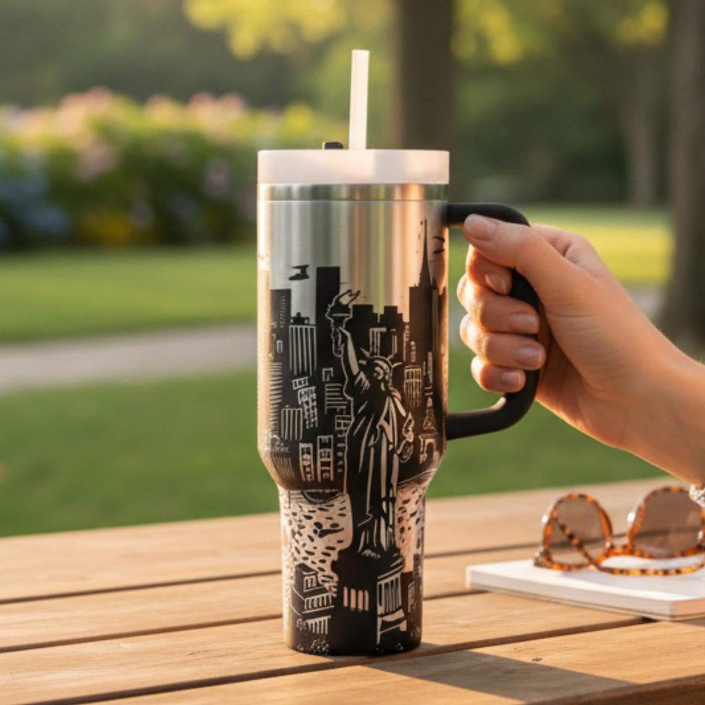 Manhattan Skyline Design Tumbler Iconic Landmarks Silhouette Art 40 Ounce Stainless Steel Insulated Travel Mug Office Desk Drinkware Daily Commuter Bottle Double Wall Construction Spill Resistant Lid Cup Holder Friendly NYC Lover Gift Urban