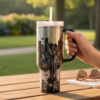 Manhattan Skyline Design Tumbler Iconic Landmarks Silhouette Art 40 Ounce Stainless Steel Insulated Travel Mug Office Desk Drinkware Daily Commuter Bottle Double Wall Construction Spill Resistant Lid Cup Holder Friendly NYC Lover Gift Urban