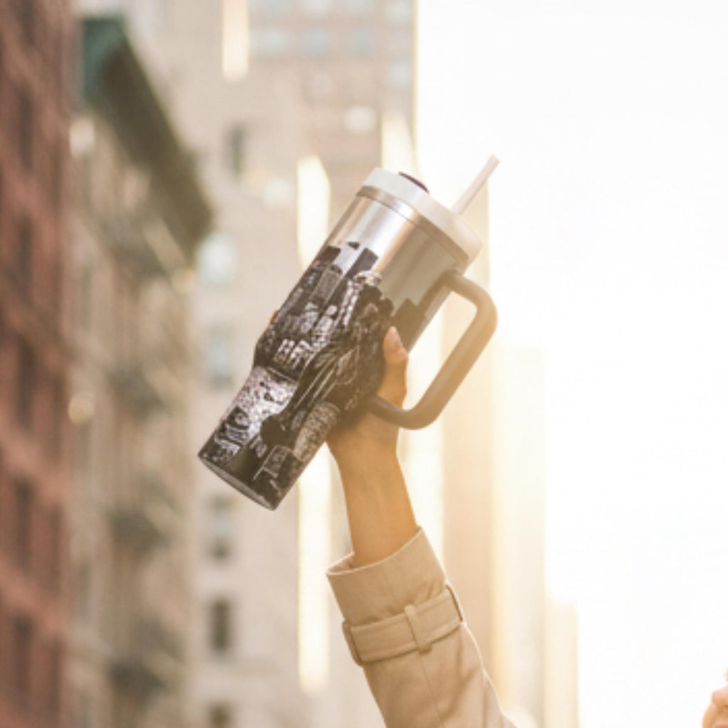 Insulated Travel Mug 40oz Capacity NYC Skyline Souvenir Manhattan Design Stainless Steel Double Wall Construction Office Desk Tumbler Commuter Bottle Daily Hydration Cup Spill Resistant Lid Handle Friendly City Enthusiast Gift New York