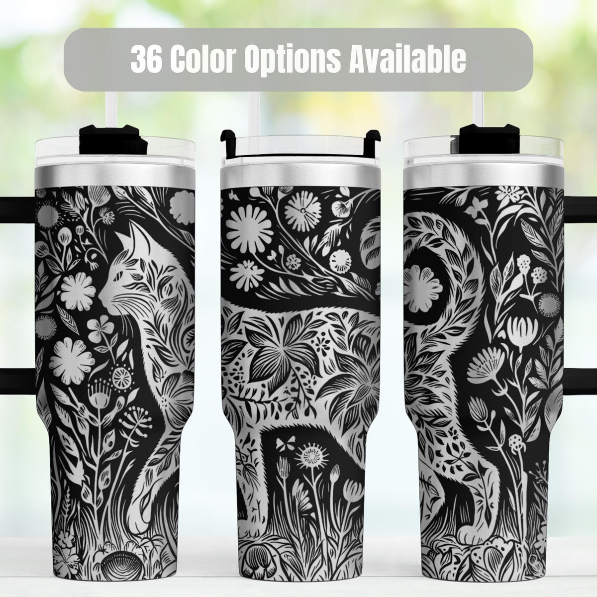 Floral Tumbler With Handle Design Features Botanical Pattern Perfect Gift For Women Who Love Nature Inspired Drinkware Collection Keeps Beverages Cold Hot Coffee Water Bottle Insulated Stainless Steel Construction Large Capacity Travel Mug