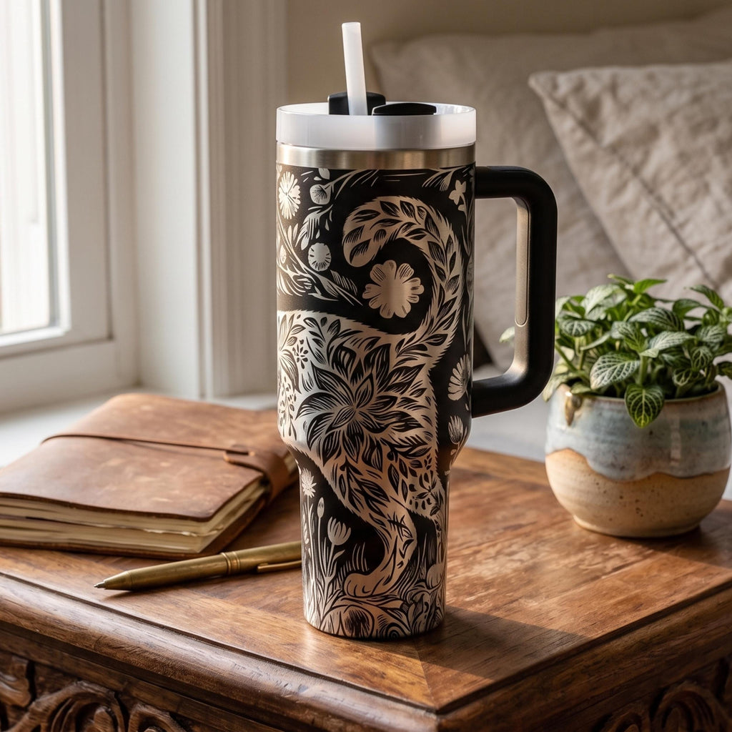 Insulated Stainless Steel Tumbler Features Double Wall Construction Keeps Drinks Cold Hot Hours Large 40oz Capacity Handle Design Floral Botanical Pattern Nature Inspired Drinkware Perfect Travel Mug Gift Women Garden Lovers Appreciate