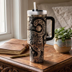 Insulated Stainless Steel Tumbler Features Double Wall Construction Keeps Drinks Cold Hot Hours Large 40oz Capacity Handle Design Floral Botanical Pattern Nature Inspired Drinkware Perfect Travel Mug Gift Women Garden Lovers Appreciate