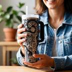 Botanical Design Tumbler Large Capacity Insulated Travel Mug Features Floral Wildflower Pattern Silver Gray Black Background Elegant Nature Inspired Drinkware Double Wall Stainless Steel Construction Keeps Beverages Temperature Controlled