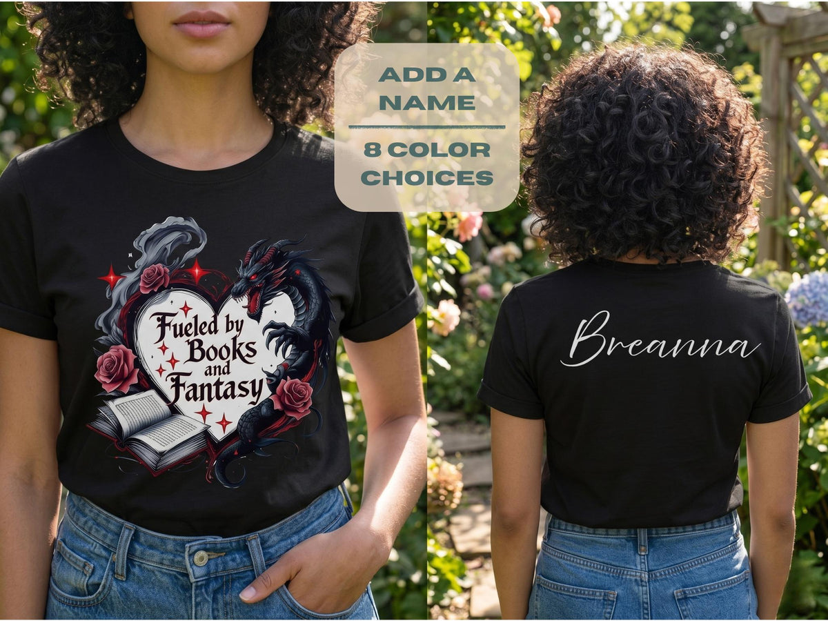 Personalized Book Shirt Custom Name Fantasy Reader Dragon Tee Gothic Literary Apparel With Dragon Design Open Book Heart Roses Perfect Gift Book Lovers Bibliophile Birthday Present Reader Fashion Cotton Blend Fantasy Themed Clothing