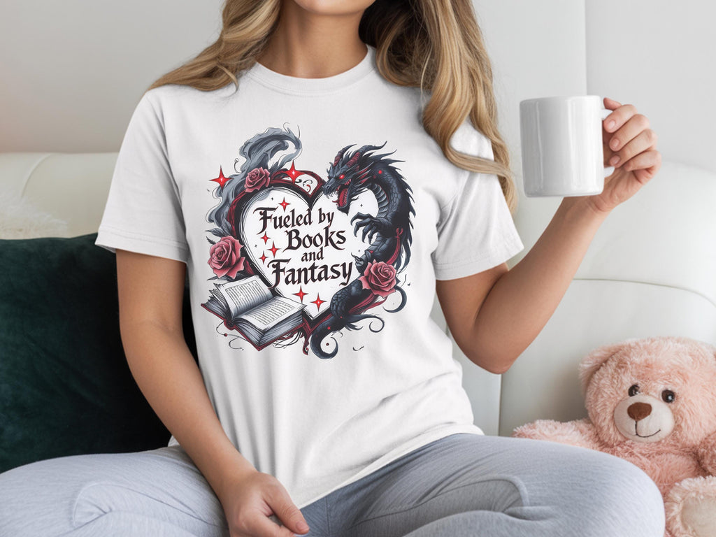 Fantasy Reader Dragon Tee Custom Name Literary Shirt Personalized Book Lover Apparel Gothic Design With Open Book Heart Dragons Roses Perfect Bibliophile Gift Reader Birthday Present Fantasy Fiction Fan Clothing Literary Themed Tee Shirt