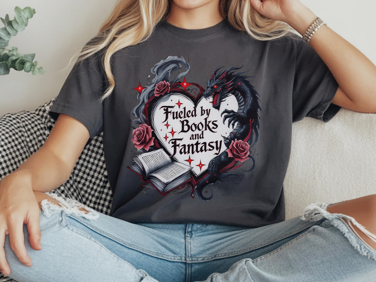 Book Lover Fantasy Shirt Personalized Reader Tee Custom Name Dragon Design Gothic Literary Apparel Perfect Gift Bibliophile Birthday Fantasy Fiction Enthusiast Clothing Reader Fashion With Open Book Heart Dragons Roses Literary Themed Tee