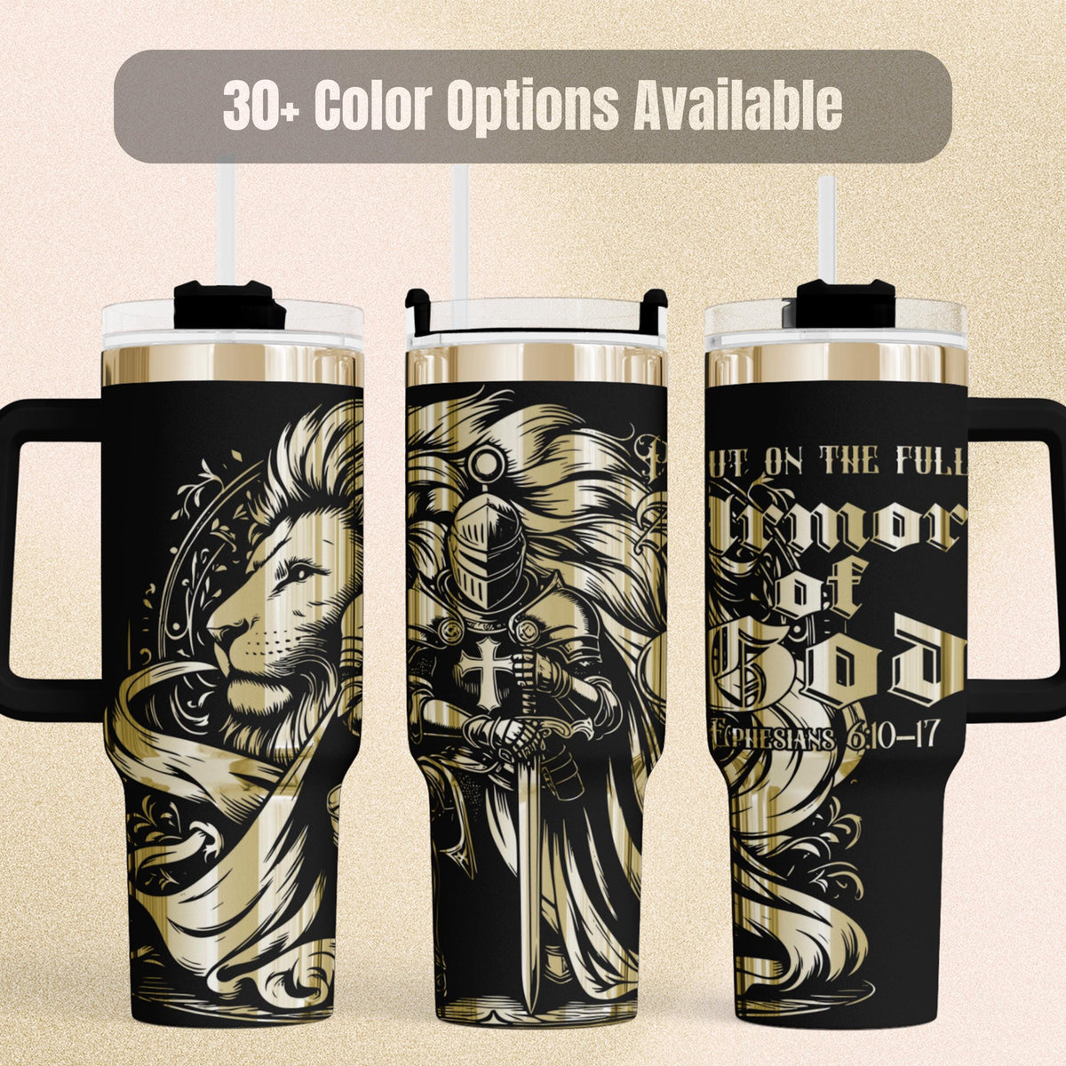 Christian Lion Tumbler Insulated Stainless Steel Water Bottle Double Wall Construction Keeps Drinks Hot Cold Scripture Verse Design Religious Gift Church Member Present Baptism Birthday Faith Inspiration Daily Devotional Use Worship