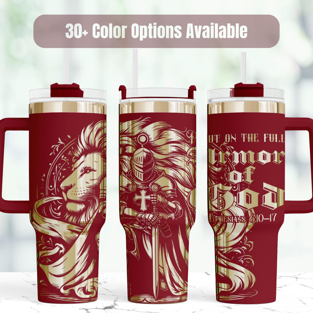 Insulated Stainless Steel Tumbler 40oz Capacity Faith Gift For Church Member Biblical Scripture Verse Design Lion Artwork Burgundy Gold Metallic Double Wall Construction Leak Proof Lid Handle Straw Travel Beverage Container Daily Devotional