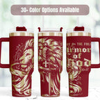 Insulated Stainless Steel Tumbler 40oz Capacity Faith Gift For Church Member Biblical Scripture Verse Design Lion Artwork Burgundy Gold Metallic Double Wall Construction Leak Proof Lid Handle Straw Travel Beverage Container Daily Devotional