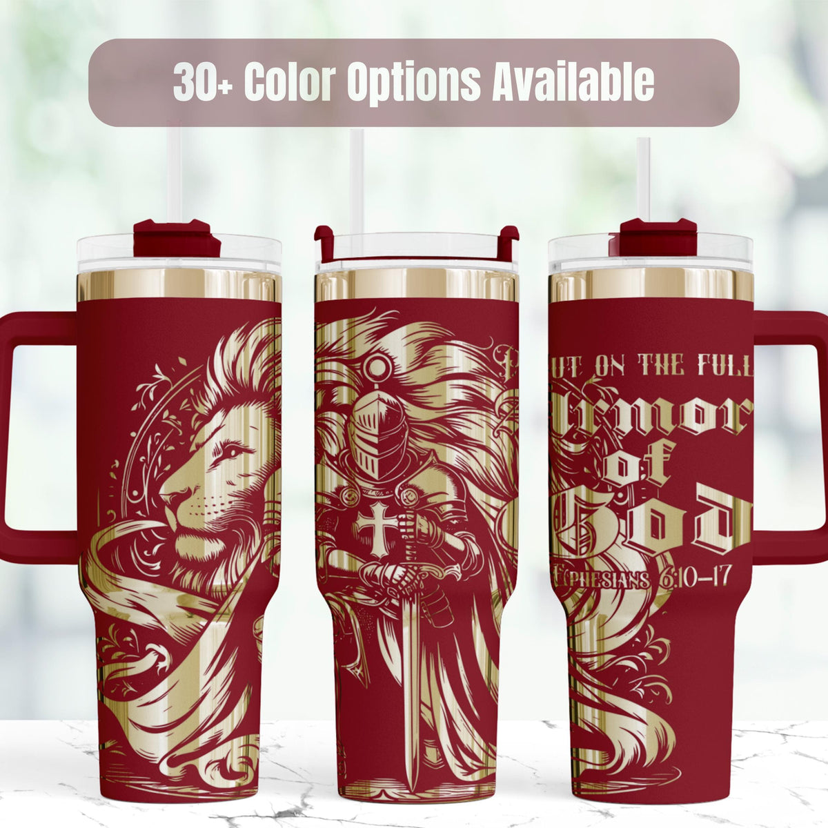Insulated Stainless Steel Tumbler 40oz Capacity Faith Gift For Church Member Biblical Scripture Verse Design Lion Artwork Burgundy Gold Metallic Double Wall Construction Leak Proof Lid Handle Straw Travel Beverage Container Daily Devotional