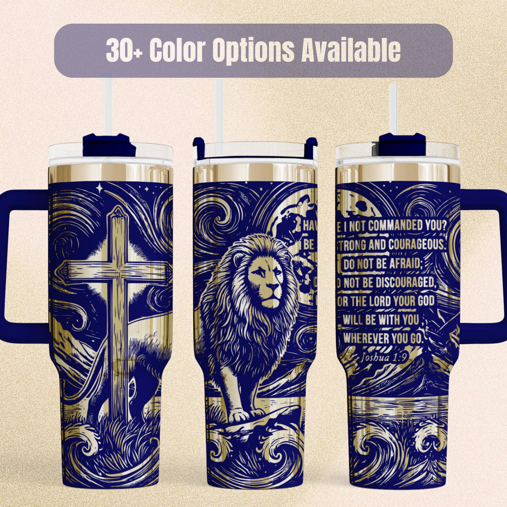 Christian Tumbler Lion Of Judah Design Joshua Scripture Verse Insulated Stainless Steel Travel Mug Handled Beverage Container Faith Based Gift Religious Drinkware Spiritual Encouragement Daily Inspiration Premium Quality Construction Navy