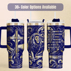 Christian Tumbler Lion Of Judah Design Joshua Scripture Verse Insulated Stainless Steel Travel Mug Handled Beverage Container Faith Based Gift Religious Drinkware Spiritual Encouragement Daily Inspiration Premium Quality Construction Navy