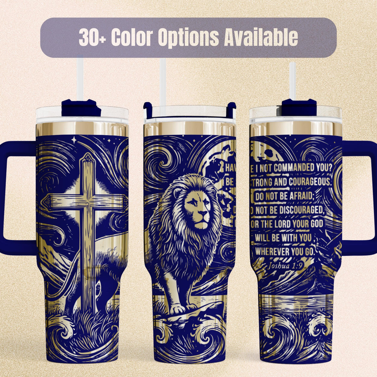 Christian Tumbler Lion Of Judah Design Joshua Scripture Verse Insulated Stainless Steel Travel Mug Handled Beverage Container Faith Based Gift Religious Drinkware Spiritual Encouragement Daily Inspiration Premium Quality Construction Navy