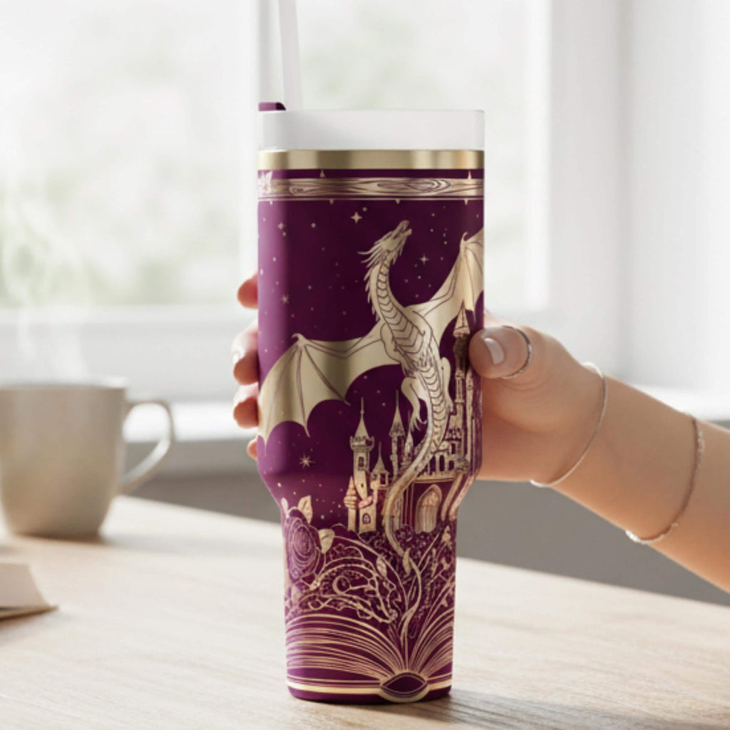 Stainless Steel Dragon Tumbler Fantasy Castle Design 40oz Insulated Travel Mug Gothic Artwork Handle Lid Double Wall Construction Perfect Gift Romantasy Book Lovers Fantasy Readers Medieval Dragon Theme Keeps Drinks Hot Cold Unique Bookish