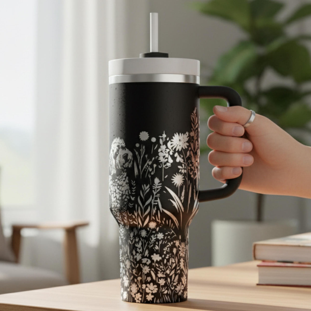 Floral Dog Tumbler Goldendoodle Design Insulated Travel Cup Stainless Steel Drinkware Dog Mom Gift Idea Doodle Lover Present Wildflower Botanical Pattern Hot Cold Beverage Container Portable Mug Handle Design Pet Parent Essential Daily