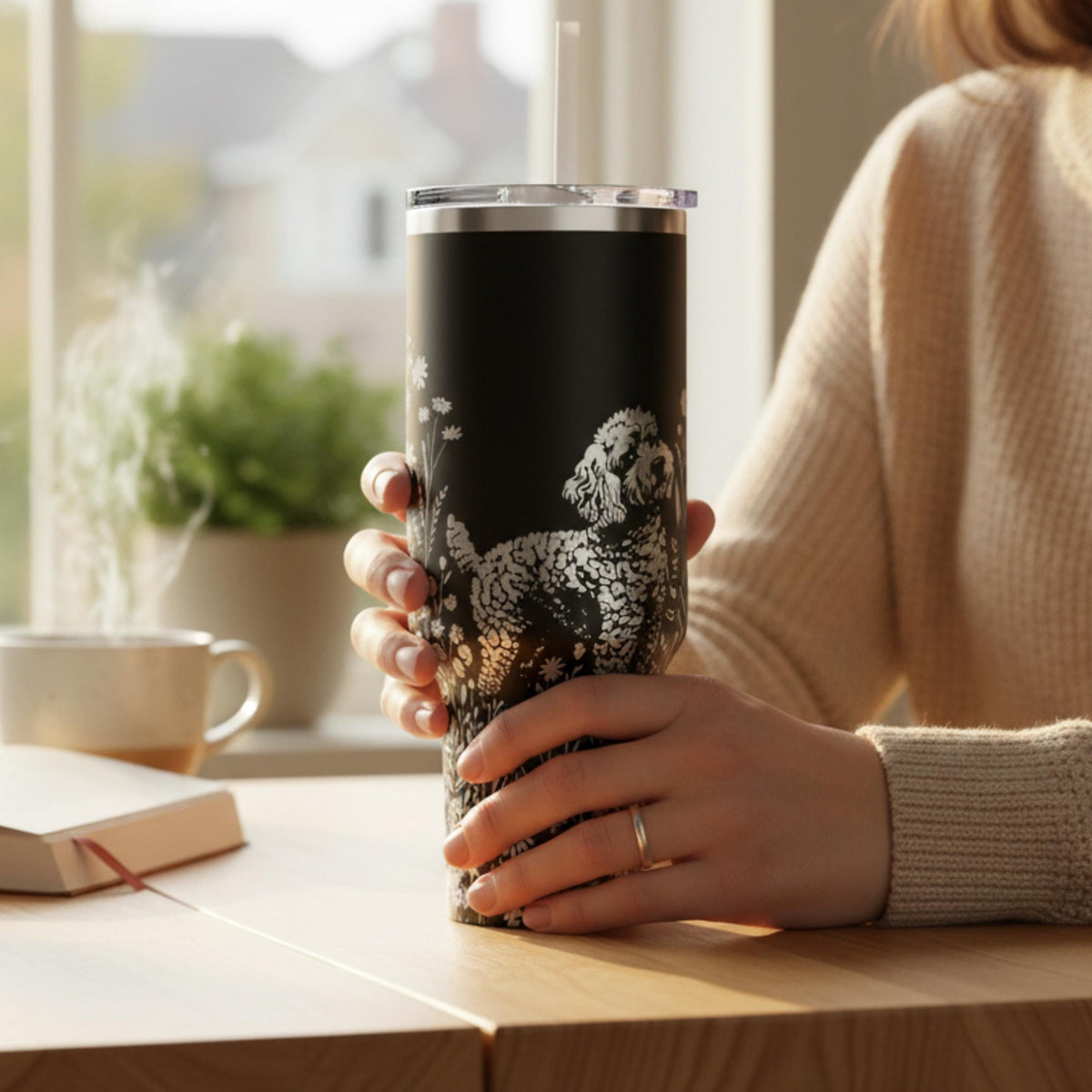 Insulated Dog Lover Tumbler Goldendoodle Floral Design Travel Mug Stainless Steel Cup Doodle Mom Gift Idea Wildflower Pattern Drinkware Hot Cold Beverage Container Portable Handle Grip Pet Owner Present Daily Hydration Essential Thermal