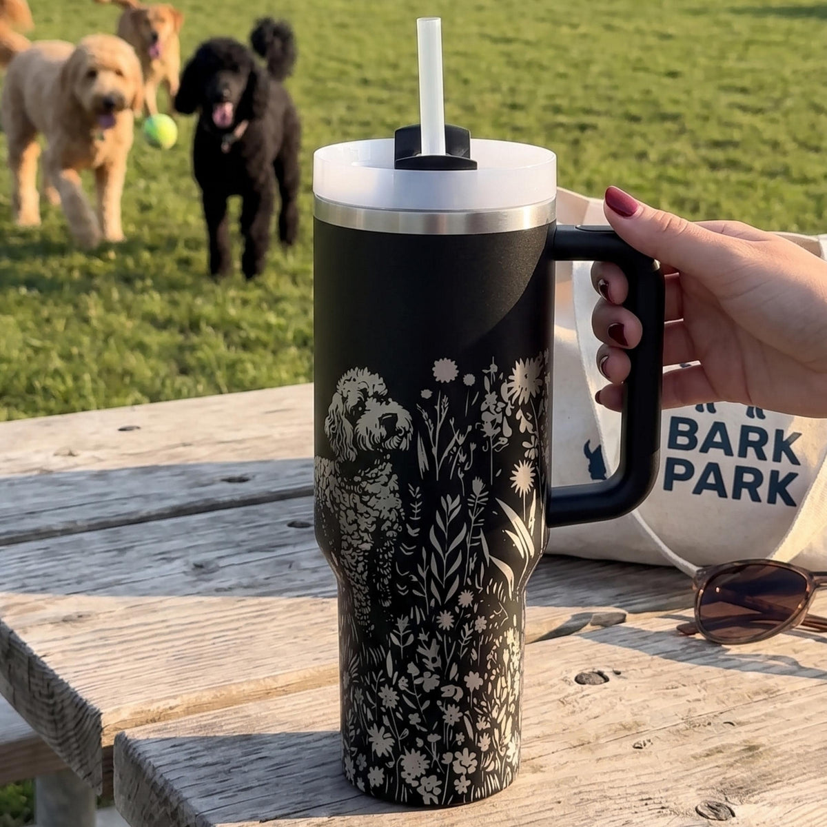 Dog Mom Tumbler Goldendoodle Gift Insulated Travel Mug Floral Doodle Design Stainless Steel Drinkware Hot Cold Beverage Container Wildflower Pattern Cup Portable Handle Design Pet Lover Present Daily Hydration Accessory Thermal Insulation