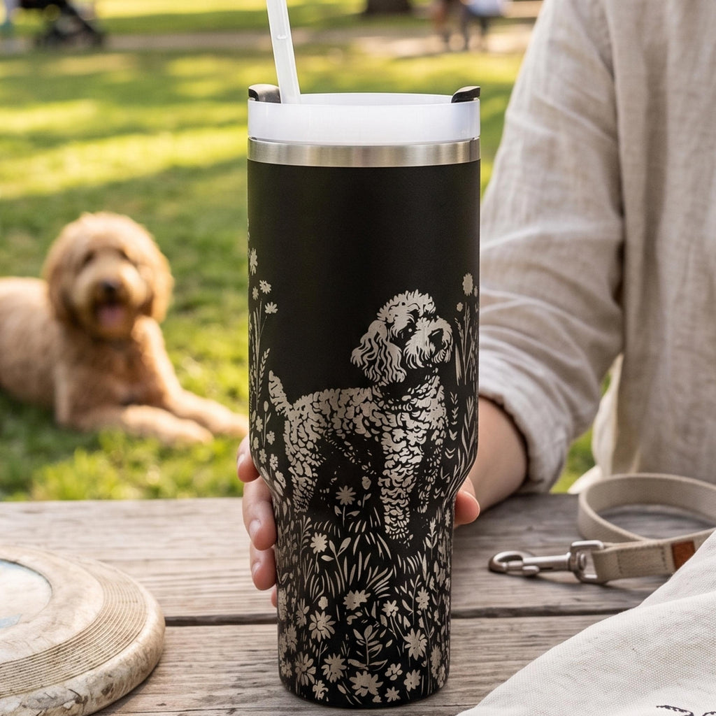 Golden Doodle Tumbler Dog Lover Gift Insulated Travel Mug Floral Wildflower Design Stainless Steel Drinkware Doodle Mom Present Hot Cold Beverage Container Portable Cup Handle Grip Pet Owner Accessory Daily Hydration Essential Thermal